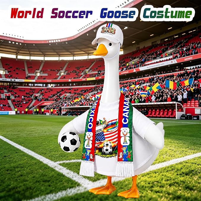 2026 World Soccer Goose Outfit for 23 Inch Porch Statue – Triple Nation Flag Design with Soccer Ball for American Fans, Soccer Party, Sport Season Decor – Outdoor Patio Yard Lawn Art