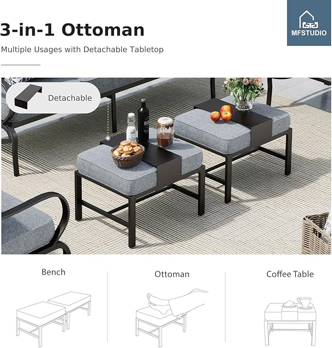 MFSTUDIO 5 Pieces Patio Conversation Sets, 7 Seats Metal Patio Furniture Sets with 1 x 3-Seat Sofa, 2 x Sofa Chairs, 2 x Ottoman, All Weather Steel Patio Sets with 5.75inch Grey Cushion for Garden