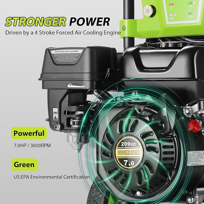 Professional 4200PSI 4GPM 209CC Gas Pressure Washer, 7.0HP Heavy-Duty 3600RPM Commercial Gas Power Washer with 750ML Foam Bottle 8" Wheels 5 Nozzles 25FT Hose (EPA/CARB/ETL Compliant), Green