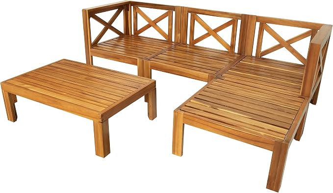 Acacia Wood 5-Piece Patio Sectional Sofa Set, All-Weather Outdoor Conversation Set, Corner Design Patio Set with Coffee Table and Updated Cushions for Backyard Porch Courtyard Poolside (Natural+Blue)