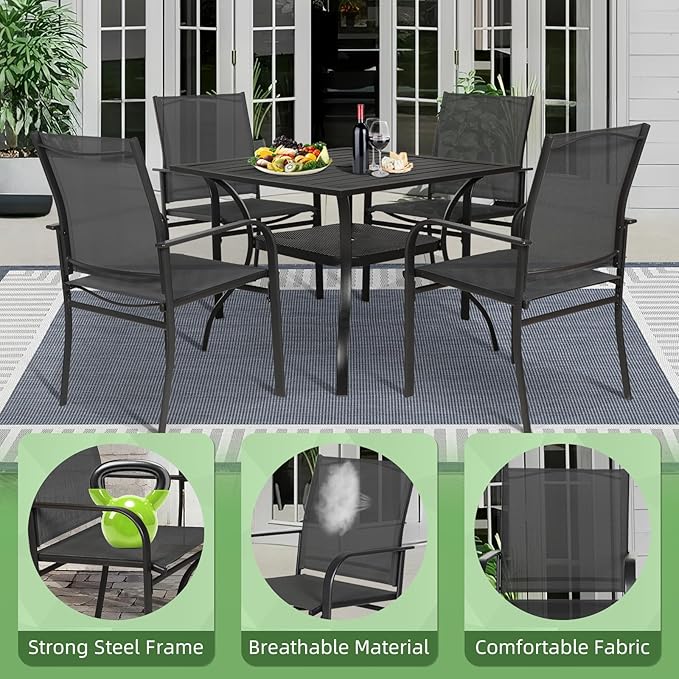 Incbruce 5 Pieces Patio Dining Set, Outdoor Dining Set of 4 Textilene Chairs and Square Table with Umbrella Hole for Backyard, Garden, and Poolside (Black)