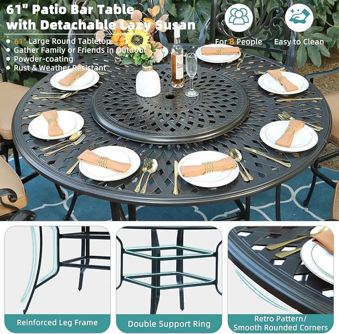 MEETWARM 61" Outdoor High Bar Dining Table for 8 Person, All Weather Cast Aluminum Large Round High Top Dining Table with 31" Lazy Susan, Patio Bar Height Table for Garden Backyard, 2" Umbrella Hole