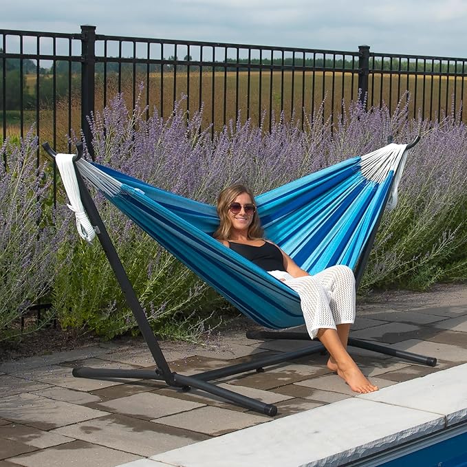 Vivere Brazilian Style Double Cotton Hammock with Polyester End Strings, 450 lb Weight Capacity (Island Breeze)