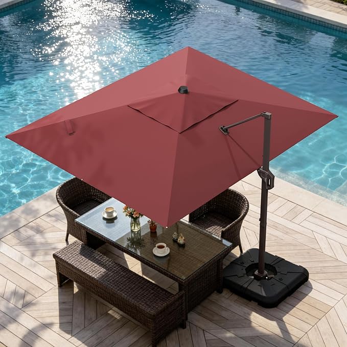 9' X 12' Cantilever Patio Umbrella Rectangle Outdoor Umbrella, 6-Level Tilt & 360° Rotation Offset Umbrella for Garden, Deck, Pool (Red)