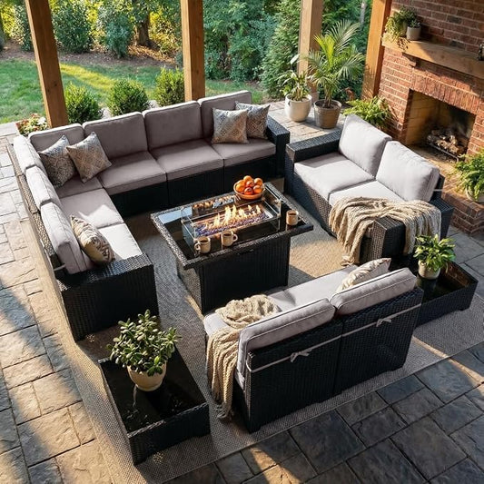 LayinSun 13 Pieces Outdoor Patio Furniture Set with 44" Fire Pit Table Rattan Sectional Sofa Conversation Sets