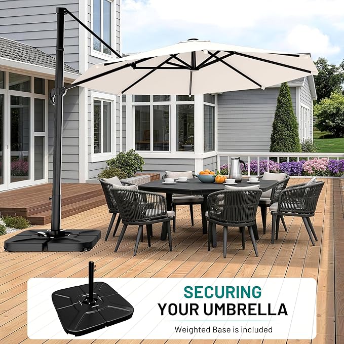 AreShark 11FT Round Cantilever Patio Umbrella with Base Included, 360° Rotation Offset Outdoor Umbrella, 5 Tilt Settings Heavy Duty Hanging Parasol for Deck Garden Pool, Cream White