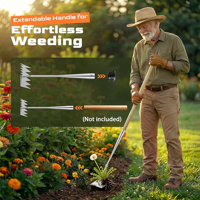 LOOHOI Weed Puller Tool, Portable Manual Weeder with Deep Root Removal, Heavy Duty Stainless Steel Weed Remover for Garden, Faster Than Step Weeders