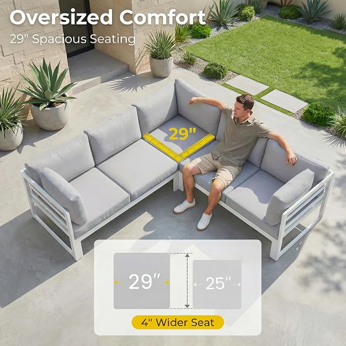 RADIATA 9 Pieces Aluminum Patio Furniture Set with Fire Pit Table, Modern Outdoor Sectional Sofa, Large Conversation Seat with Thick Cushion for Garden Backyard Deck Porch (White)