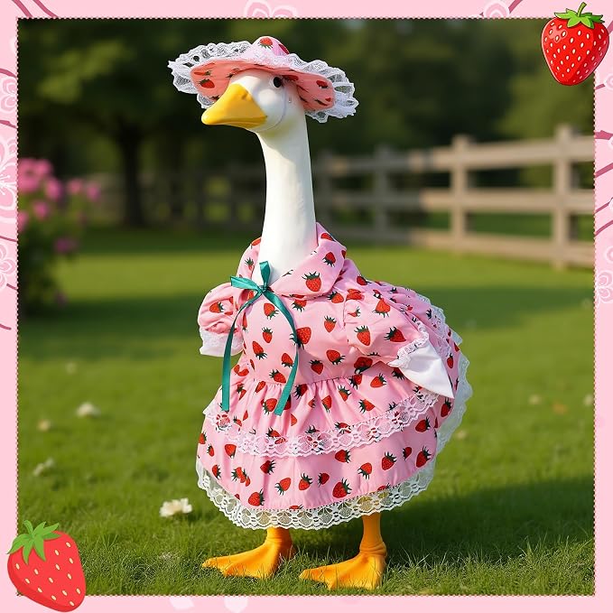 Porch Goose Outfit, 23" Porch Goose Clothes with Strawberry Skirt and Hat for Spring Summer Party Outdoor Patio