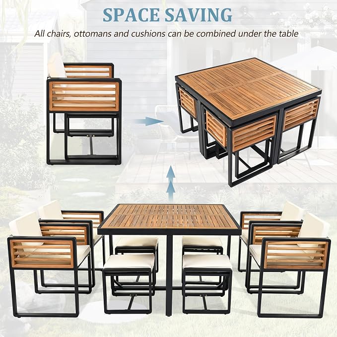 18-Piece Outdoor Patio Acacia Wood Dining Table Set, 2 Square Table with 8 Cushioned Chairs& 8 Stools, All-Weather Resistant Conversation Set with Metal Frame, Space-Saving Design for 8 (Gray-18P)