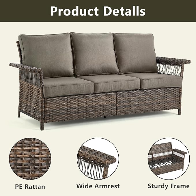 Outdoor Wicker Patio Furniture Set - 5 Piece Rattan Patio Conversation Sets with 2 Wicker Chairs,2 Ottomans and 1 Sofa for Porch Deck Garden(Brown/Grey)