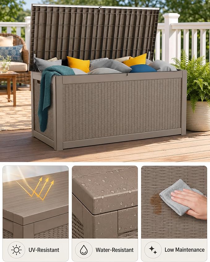 MAKINO 325 Gallon Extra Large Waterproof Deck Box, Heavy Duty Resin Outdoor Storage Box, Outside Storage Bench with Hydraulic Rod for Patio/Cushions/Garden Tools/Backyard/Pool Accessories, Grey Brown