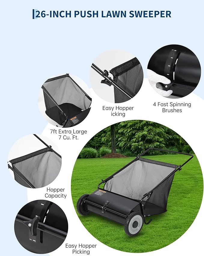 21in & 26in Heavy-Duty Push Lawn Sweeper - 4 Spinning Brushes, 3.5/7Cu. ft. Capacity, Adjustable Height for Grass, Leaves & Debris on All Terrains