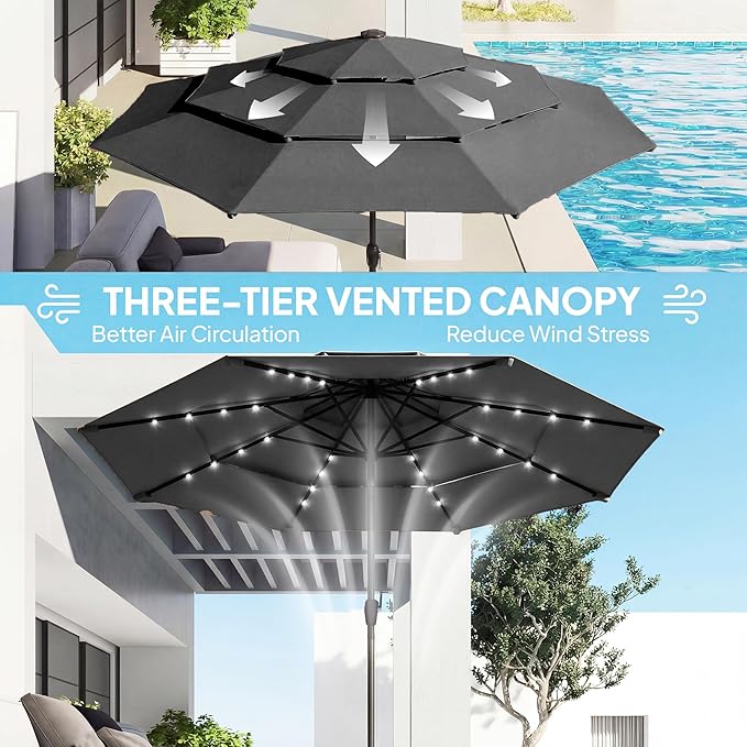 Outsunny 9.7 ft Outdoor Patio Umbrella with 32 Solar LED Lights, 3 Tier Outdoor Table Market Umbrella with Tilt and Crank, 8 Ribs for Garden, Deck, Yard, Poolside