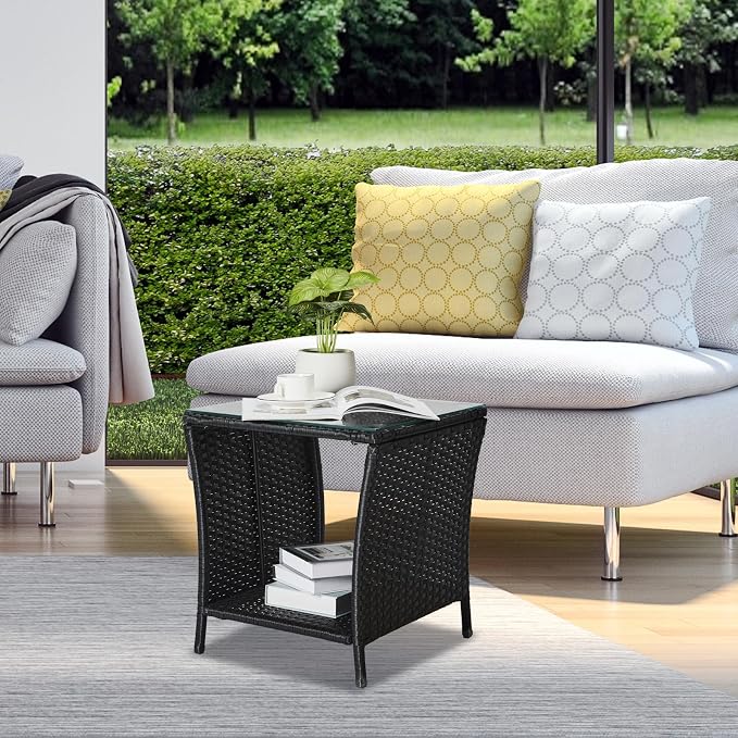 Outvita Outdoor Side Table, Rattan Coffee Table Small End Table with Glass Top Storage for Patio Porch Backyard Balcony