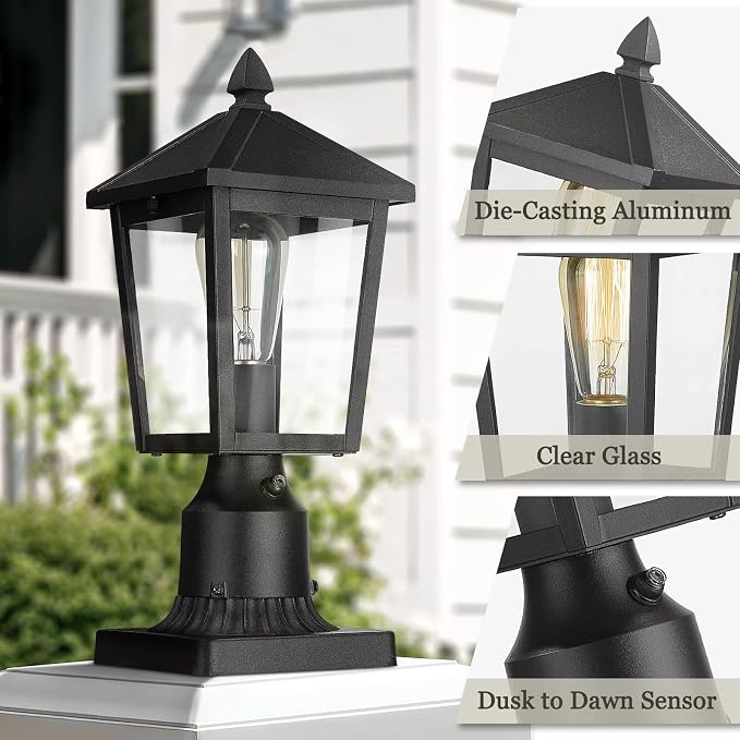 zeyu Dusk to Dawn Outdoor Post Light Fixture, 13.7-Inch Farmhouse Post Lantern Lamp Post for Patio, Clear Glass Shade and Black Finish, 20076PS-PC BK