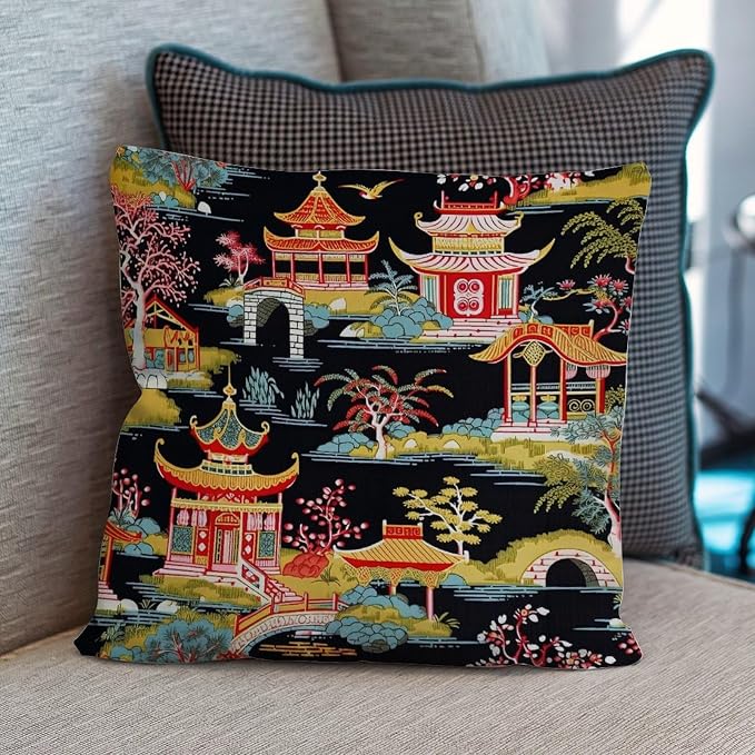 Pillow Cover Chinoiserie Charcoal Coral Pagoda Asian Pillows Classic Chinoiserie Chic Asian Pillow Cover Accent Decorative Cushion Covers Home Decor for Patio Furniture Porch 18x18 in
