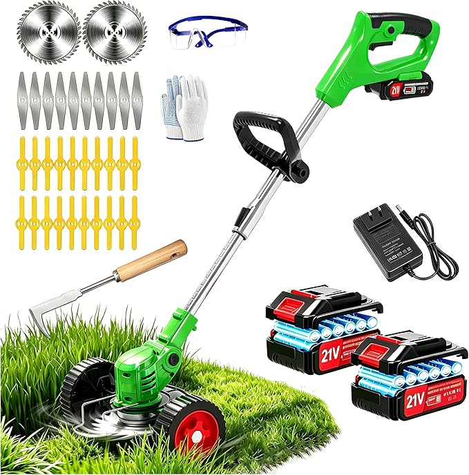 Electric Weed Wacker Battery Powered Weed Eater, 21V Cordless String Trimmer Battery Operated with Wheels & Metal Blades, Lightweight 4 in 1 Grass Trimmer/Brush Cutter/Lawn Edger/Mower for Garden Yard