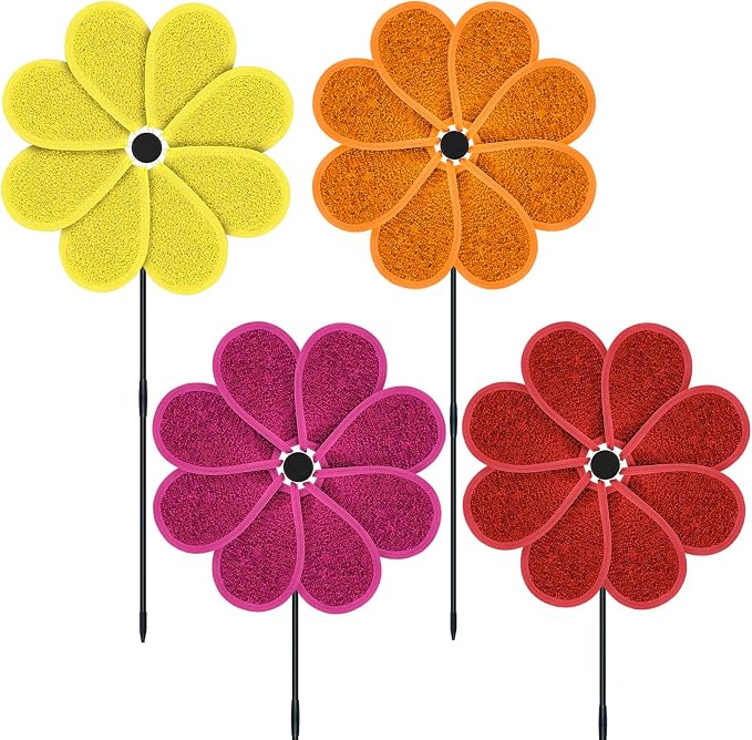 4PCS 11.4" W x 28" H Reflective Pinwheels Sparkly Lawn Wind Spinners Colorful Rainbow Windmill for Garden Decoration Bird Devices Deterrent to Scare Birds Away (Multicolor-1 Four Colors)