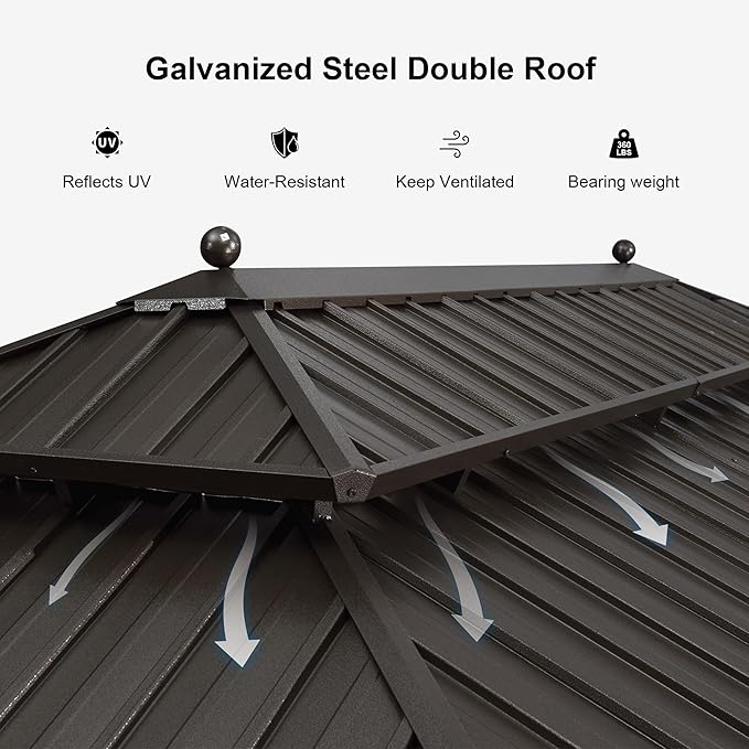 PURPLE LEAF 13' X 15' Outdoor Hardtop Gazebo Patio Wide Aluminum Frame Metal Double Roof with Heavy Duty Netting and Curtains for Permanent Hard Top Pavilion Screen, Khaki