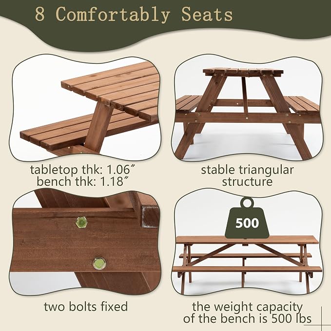 75" Outdoor Wooden Picnic Table with Benches Set, Dining Table with 2-Inch Umbrella Hole, One-Piece Wood Picnic Table for Backyard Garden Patio Party Gathering