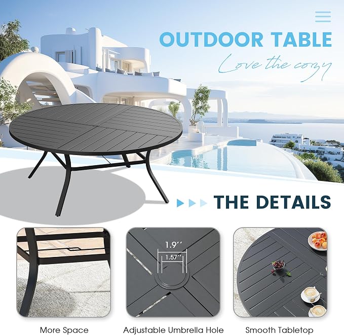 9 Pieces Patio Furniture Dining Set, 8 Textilene Swivel Dining Chairs, 60" Outdoor Round Metal Table with 1.57" Umbrella Hole, Outdoor Dining Set for Porch, Lawn, Garden, Black/Brown
