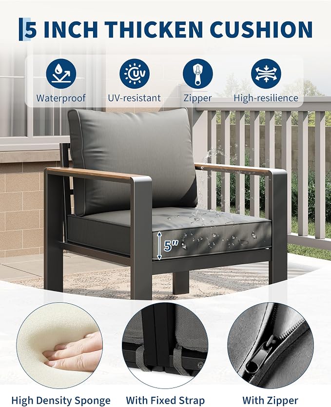 Garvee Aluminum Patio Furniture Set 5 Seats, Generous Outdoor Sectional with Washable Thick Cushions and Coffee Table, Patio Conversation Sets for Porch, Balcony, Deck, Yard