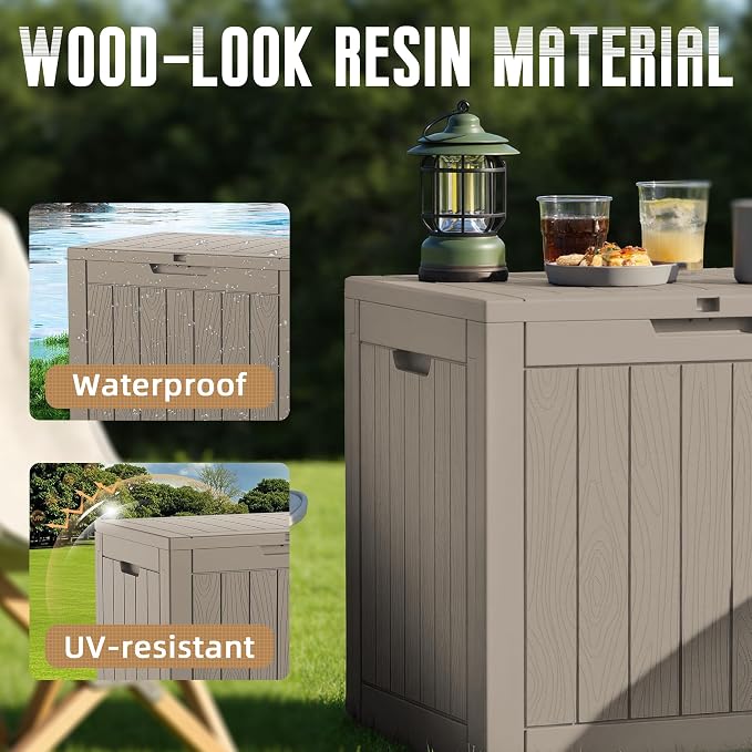 DRATO 35 Gallon Outdoor Storage Box Waterproof, Lockable Resin Deck Box with Lid for Patio Furniture Bench, Pool Garden Tools, Weatherproof Outside Storage Bin for Backyard Porch (Grey, 35 Gallon)