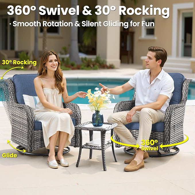 ovios 6 Pieces Patio Furniture Set with 42 inch Fire Pit Table, Outdoor Wicker Sofa Couch Loveseat, Swivel Rocking Glider Chairs, Modern Conversation Set, Grey Rattan, Denim Blue