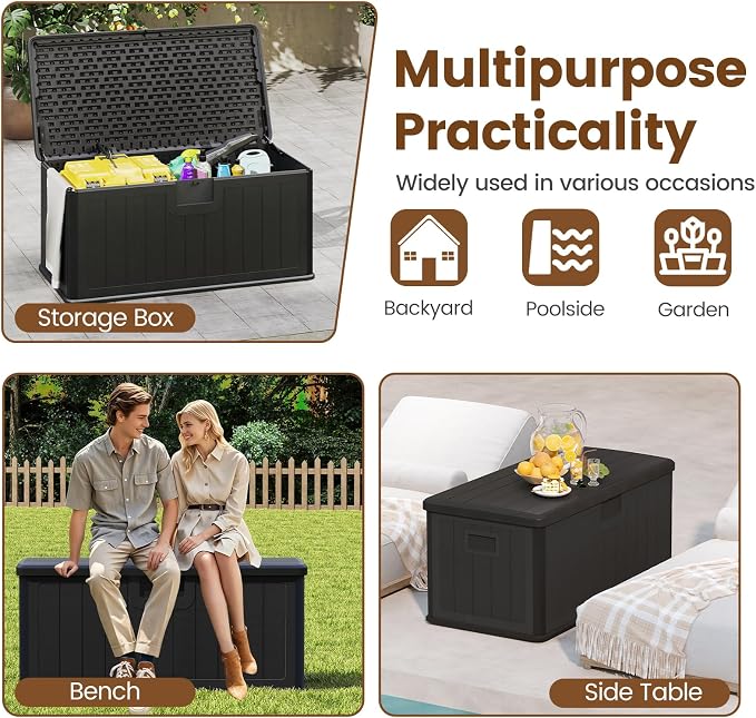Giantex 100 Gallon Deck Box, Waterproof Resin Box with Lockable Lid, 440Lbs Outdoor HDPE Storage Container Bench for Patio Furniture Cushions, Pool Tools & Garden Accessories (Black)