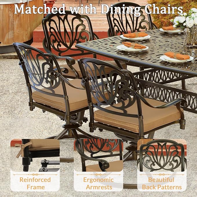 9 Piece Outdoor Patio Dining Set for 8, Cast Aluminium Large Square Dining Table & 4 Swivel Chairs, 4 Regular Chairs, 8 Cushions, Umbrella Hole, Patio Furniture Set for Garden, Khaki