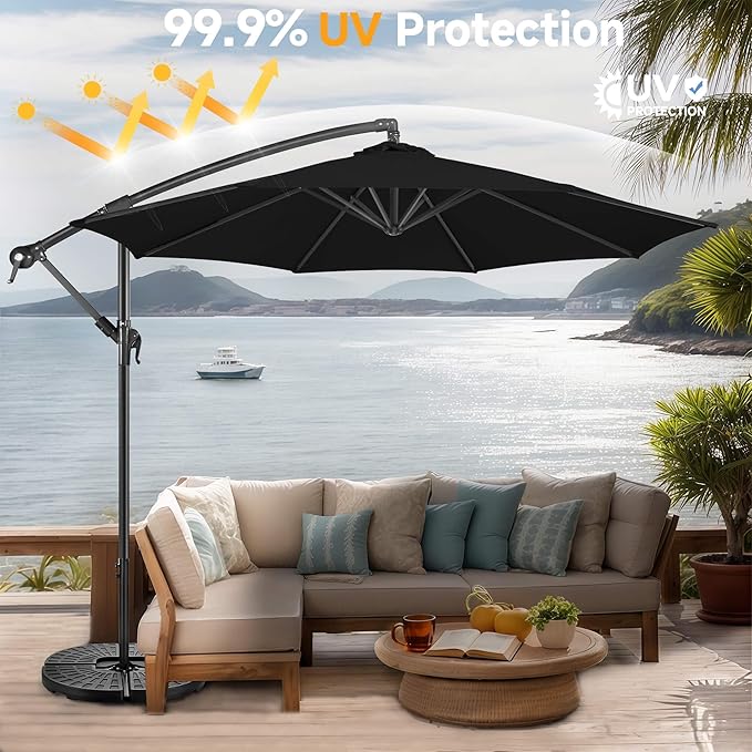 FLAME&SHADE 10ft Cantilever Patio Umbrella Outdoor, Large Offset Umbrella with Crank and Cross Base, UPF 50+ UV Protection Hanging Umbrella for Pool Deck Garden, Black