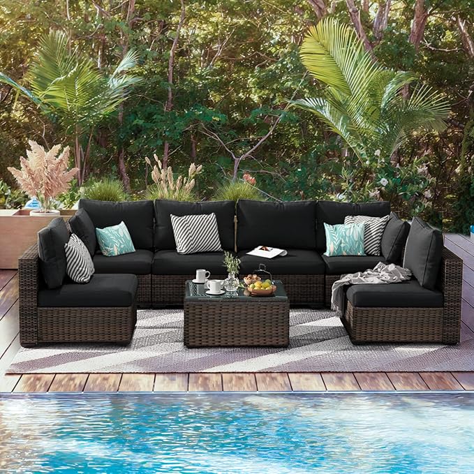 7 Pieces Patio Furniture Set, Rattan Outdoor Sectional Conversation Sets, All Weather Outdoor Furniture Set with Cushions for Garden Lawn Balcony Porch Deck, Black