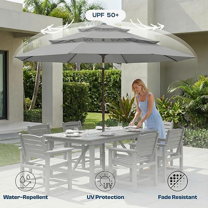 10ft Patio Umbrella, 3 Tier Outdoor Market Table Umbrellas with 8 Fiberglass Ribs and Push Button Tilt, Windproof, Vented Canopy, UV Protection for Deck, Pool, Backyard