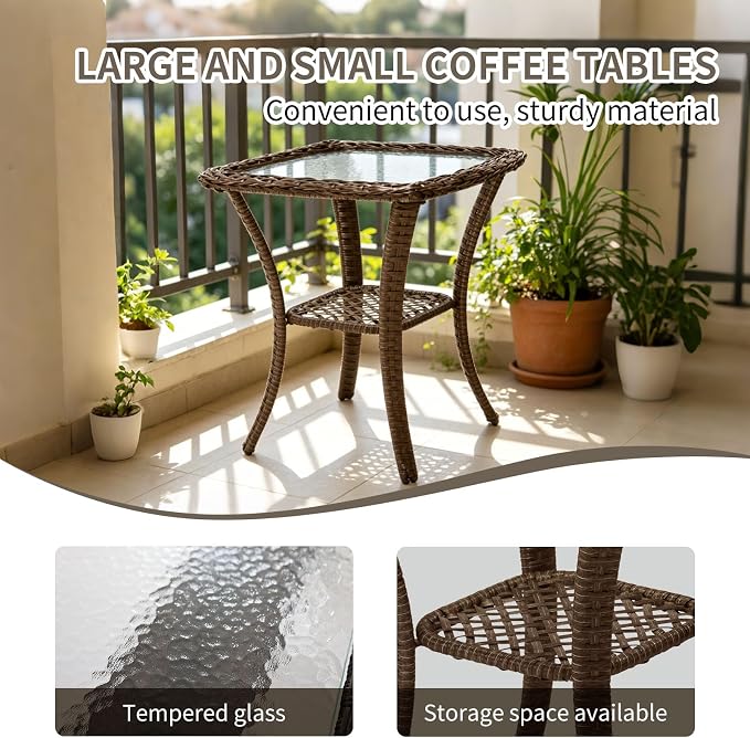Outdoor Swivel Rocker Patio Chairs (Brown Wicker/Khaki Cushion, 5PC/Swivel & Side Table & Ottomans)