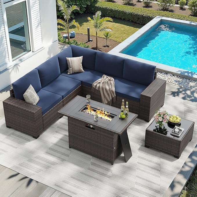 Soohow 7-Piece Patio Furniture Set with 44" Fire Pit Table, Outdoor Sectional Wicker Rattan Conversation Set for Garden, Porch, Backyard - Navy Blue Cushions