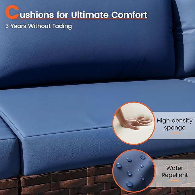 Patio Furniture Set, 7-Piece Outdoor Sectional Rattan Sofa Set with Coffee Table (Navy Blue Cushions with Brown Rattan)