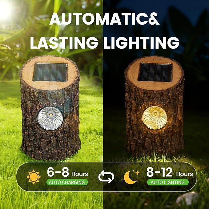 Solar Garden Lights Outdoor 2 Pack, Decorative Rustic Tree Stump Pathway Lights, Warm White Auto On/Off IP65 Waterproof Lights for Yard, Patio, Lawn, Flower Bed, Steps, Garden Decor Gifts