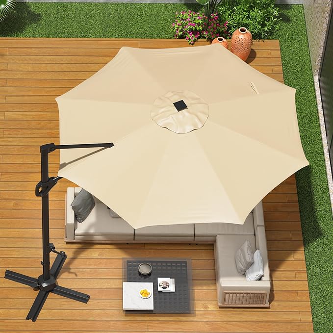 10 Ft Offset Patio Umbrella with Base Included, Round Cantilever Umbrella with UV Protective And Water Resistant Canopy, 360° Rotation, Integrated Tilting System, Beige