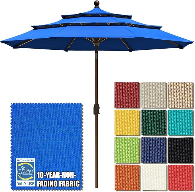 EliteShade USA 10-Year-Non-Fading 9ft 3-Tier Market Patio Umbrella, Commercial Grade Outdoor Table Umbrella with Crank Open, Windproof & UPF 50+ UV Protection, Heavy Duty Ventilation for Garden, Deck, Pool, Backyard, Beach & Bistro, Royal Blue
