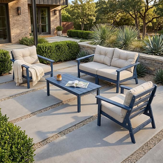 HDPE Patio Conversation Set 4 Seats, Outdoor Furniture Set, Patio Sofa Set | Water-Resistant Thick Cushion, HDPE All Weather, Wood-Grain, No Rot or Rust or Crack, UV Fade Shield, Easy-Clean for Outside