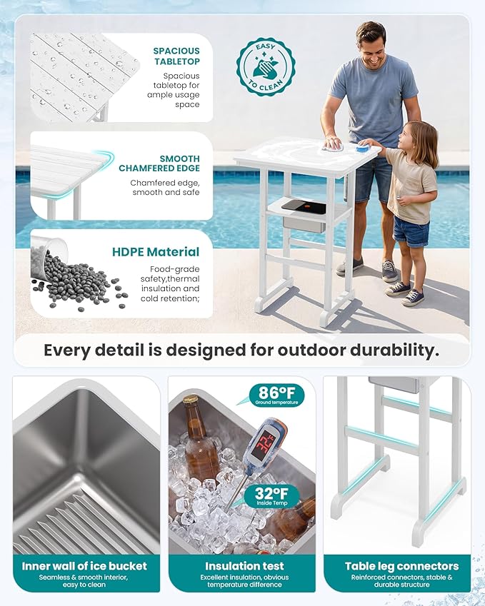 SERWALL Adirondack Bar Chairs and Table 3 Pieces Set with Umbrella, HDPE Bar Height Chairs Set of 2 and Bar Table with Ice Bucket, Outdoor Bar Stools Set for Balcony, Poolside, Backyard, White