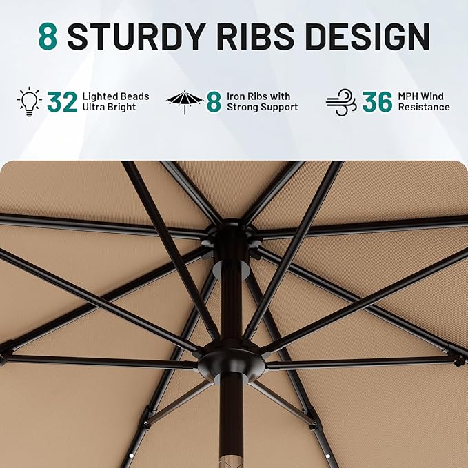 AreShark 9FT Patio Umbrella with Solar Lights, 32 Lighted Pool Umbrella w/Tilt and Crank, Outdoor Market Solar Umbrellas for Garden, Deck, Backyard, Pool and Beach, Beige