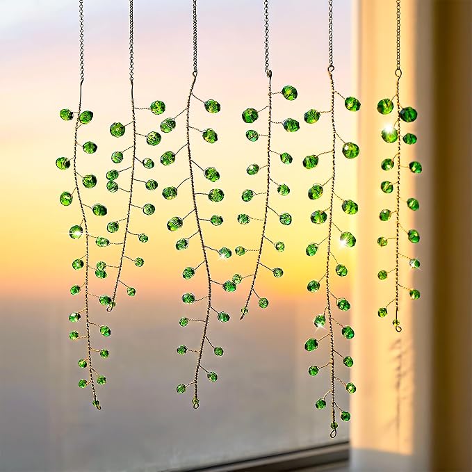 6 Pcs Crystal Beaded Suncatchers Artificial Green Plants Hanging Wind Chime | Beaded Glass Plant Suncatcher with Chain for Window Indoor Outdoor Potted Plants Decorations Plant Lover Gift