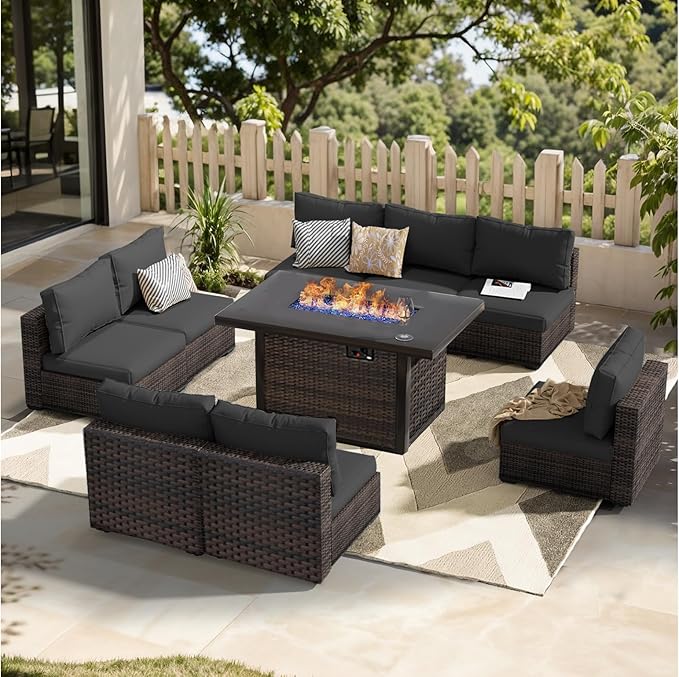 Patio Furniture Set Fire Pit Table 9 Piece All Weather PE Rattan Outdoor Sectional Sofa Couch with 8 x armless Sofa, No-Slip Cushions for Garden, Poolside, Backyard (Black)