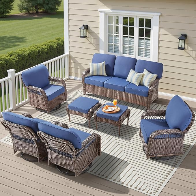 7 Pieces Patio Furniture Set Swivel Chairs, Wicker Swivel Rocker Patio Chairs Set of 4 Rattan 3 Seater Couch with Ottomans, Wicker Sofa Outdoor Furniture Set for Deck Porch Backyard, Blue