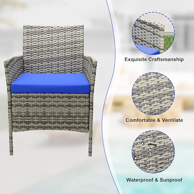3 Piece Patio Furniture Set with 2 Chairs & 1 Coffee Table - Outdoor PE Rattan Conversation Set, Cushions & Glass Tabletop for Garden, Poolside, Porch, Grey
