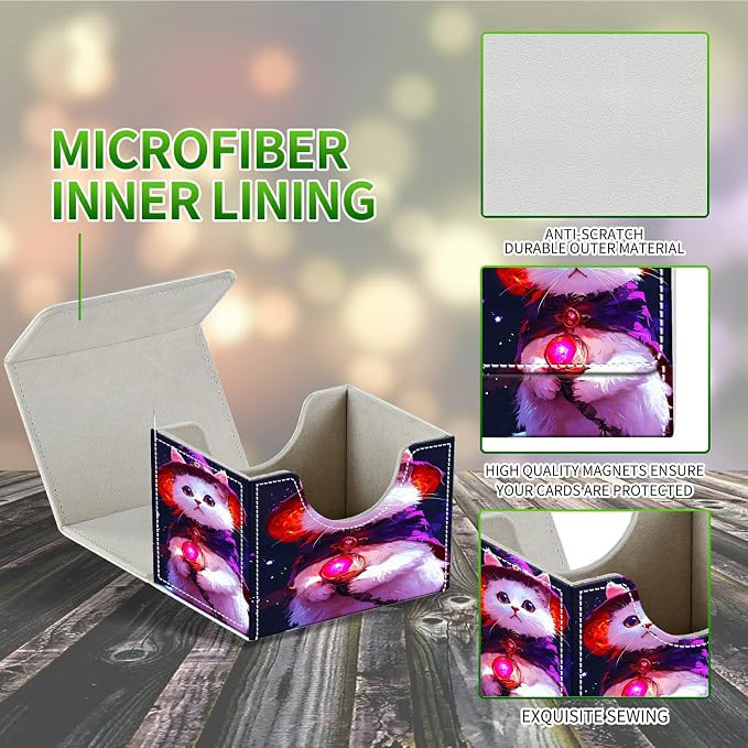 Card Deck Box for MTG, Cards Storage Box Fits 120+ Sleeved, Leather Small Size Strong Magnetic Closing Card Case for Board Games Magic TCG CCG Baseball Collection, Purple White Cat