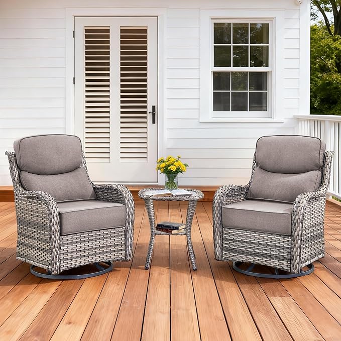Luxury Outdoor Swivel Rocker Patio Chairs Set of 3, High Back Swivel Patio Chairs with Side Table & 6-Inch Thick Cushions, Wicker Outdoor Bistro Set for Porch, Yard, Deck, Poolside, Grey