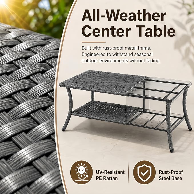 HUMMUH 42-inch 2-Tier Outdoor Patio Coffee Table, Grey PE Rattan Center Table with Powder-Coated Metal Frame for Garden, Backyard, Porch Storage